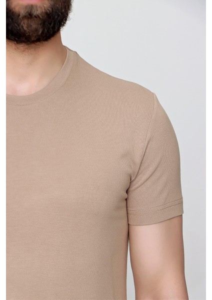 Slim Fit Bisiklet Yaka Düz Pamuklu Bej Tişört Ts 823 indirimleri