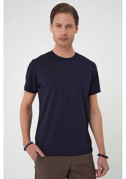 Comfort Fit Bisiklet Yaka Esnek Pamuk Casuel Koyu Lacivert Tişört Ts 885 fırsatları