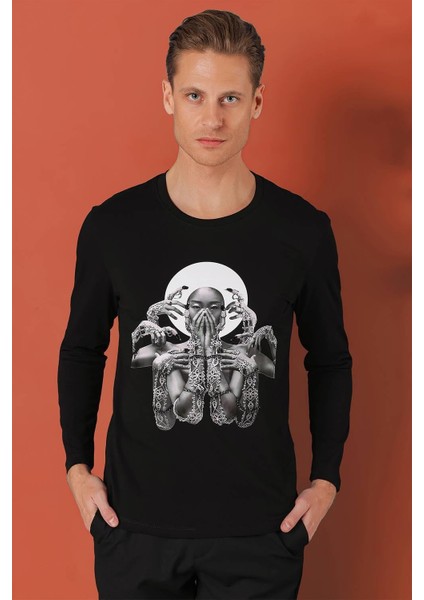 Slim Fit Baskılı Bisiklet Yaka Esnek Pamuk Siyah Tişört Ts 869
