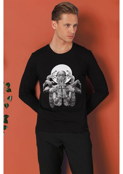 Slim Fit Baskılı Bisiklet Yaka Esnek Pamuk Siyah Tişört Ts 869 fiyatları
