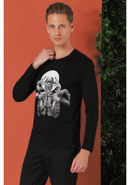 Slim Fit Baskılı Bisiklet Yaka Esnek Pamuk Siyah Tişört Ts 869 modelleri