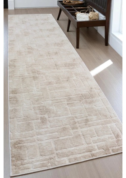 Aksu Stan Bej Kaymaz Tabanlı Kesme Kabartmalı Salon Koridor Mutfak Halı modelleri