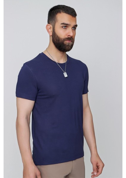 Slim Fit Bisiklet Yaka Düz Pamuklu Lacivert Tişört Ts 823 modelleri