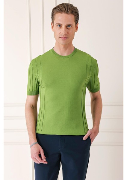 Slim Fit Bisiklet Yaka Kısa Kol Yeşil Triko Tr 869