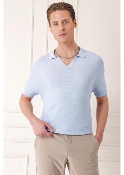Slim Fit Polo Yaka Kısa Kol %100 Pamuk Mavi Triko Tr 868