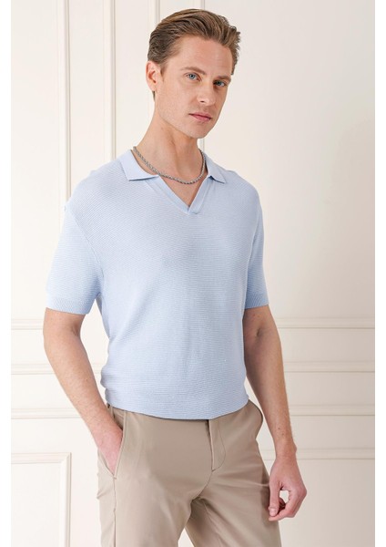 Slim Fit Polo Yaka Kısa Kol %100 Pamuk Mavi Triko Tr 868 fırsatları