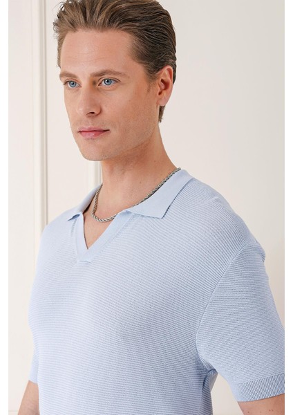 Slim Fit Polo Yaka Kısa Kol %100 Pamuk Mavi Triko Tr 868 indirimleri