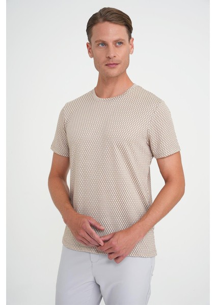 Comfort Fit Bisiklet Yaka Baklava Desen Kısa Kol Bej Tişört Ts 908 modelleri