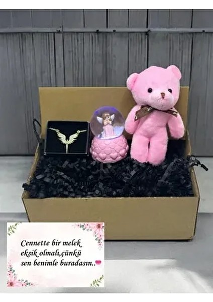 Ayıcık, Melek Kolye ve Melek Temalı LED Işıklı Kar Küresi Sevgiliye Hediye Kutulu ve Notlu