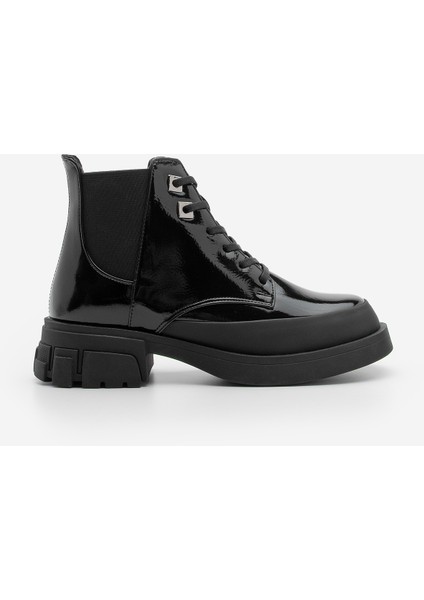 Kadın Bağcıklı Lastikli Kalın Topuklu Kısa Postal Bot Kenvo Siyah Rugan modelleri