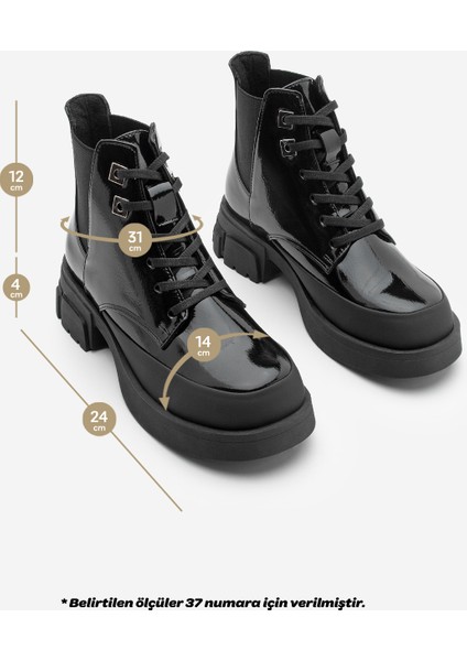 Kadın Bağcıklı Lastikli Kalın Topuklu Kısa Postal Bot Kenvo Siyah Rugan