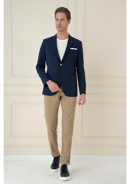 Slim Fit Torba Cep Esnek Spandex Karışımlı Düz Lacivert Blazer Ceket C 696