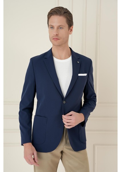 Slim Fit Torba Cep Esnek Spandex Karışımlı Düz Lacivert Blazer Ceket C 696 modelleri