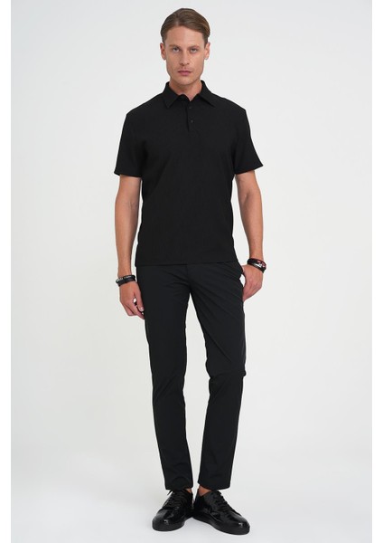 Slim Fit Polo Yaka Modal Fitilli Kısa Kol Siyah Tişört Ts 904