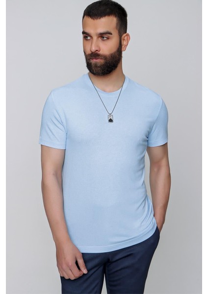 Slim Fit Bisiklet Yaka Düz Pamuklu Mavi Tişört Ts 823