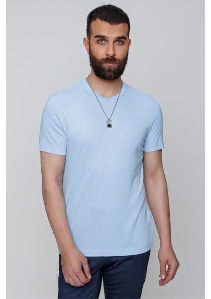 Slim Fit Bisiklet Yaka Düz Pamuklu Mavi Tişört Ts 823 fiyatları