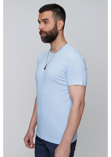 Slim Fit Bisiklet Yaka Düz Pamuklu Mavi Tişört Ts 823 modelleri