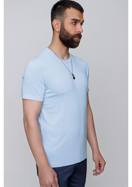 Slim Fit Bisiklet Yaka Düz Pamuklu Mavi Tişört Ts 823 fırsatları