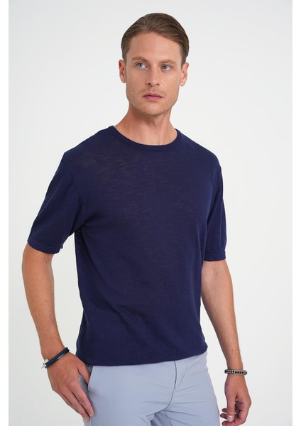 Comfort Fit Bisiklet Yaka Kısa Kol Spor Lacivert Triko Tr 881 fırsatları
