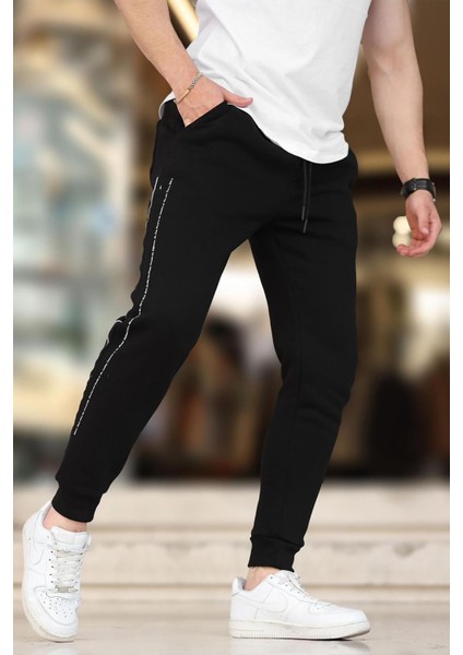 Siyah Erkek Paçası Lastikli Yandan Şeritli Baskılı Eşofman Altı 6551