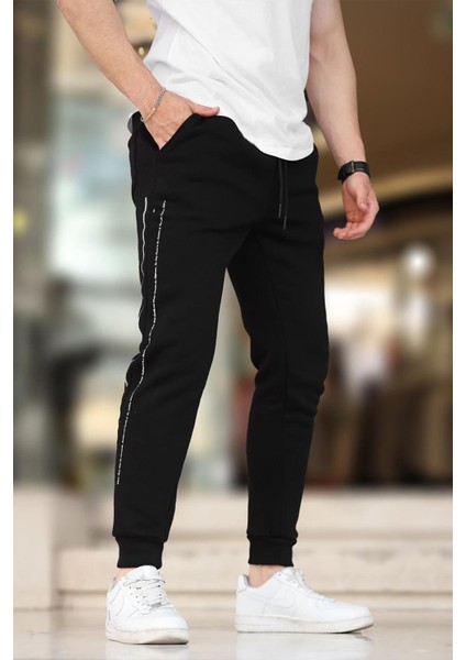 Siyah Erkek Paçası Lastikli Yandan Şeritli Baskılı Eşofman Altı 6551 fiyatları