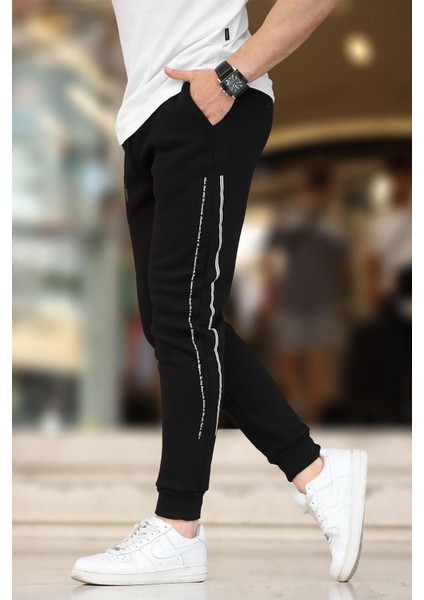 Siyah Erkek Paçası Lastikli Yandan Şeritli Baskılı Eşofman Altı 6551 modelleri