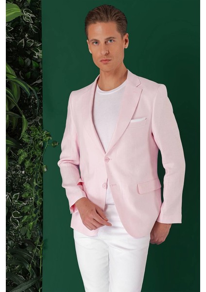 Comfort Fit Çift Yırtmaç %100 Keten Casuel Pembe Ceket C 668 modelleri
