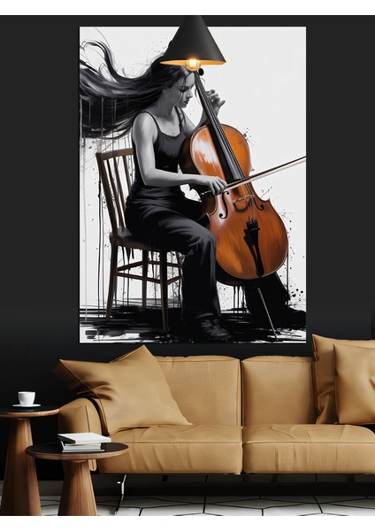 Çello Çalan Kadın Silüeti Dekoratif Kanvas - Mdf Ahşap Tablo