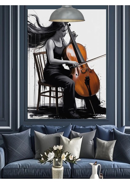 Çello Çalan Kadın Silüeti Dekoratif Kanvas - Mdf Ahşap Tablo modelleri