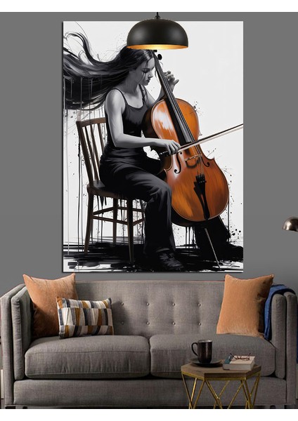 Çello Çalan Kadın Silüeti Dekoratif Kanvas - Mdf Ahşap Tablo fırsatları