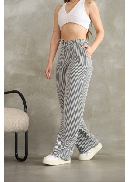 Kadın Çizgili Beli Lastikli Bağlamalı Bol Paça Pamuk Pantolon fiyatları