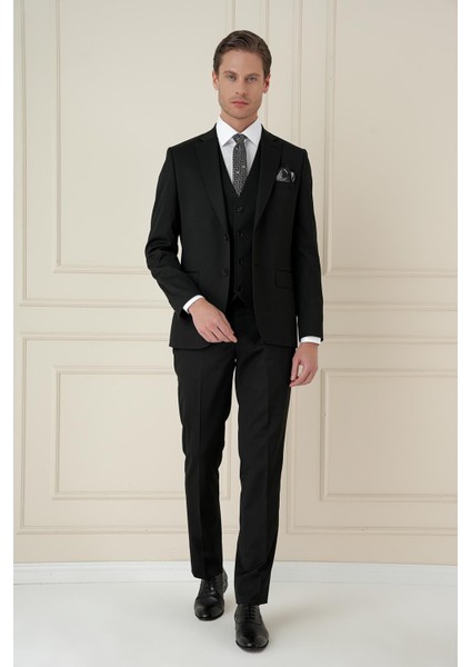 Slim Fit Çift Yırtmaç Düz Siyah Klasik Takım Elbise Tk 913