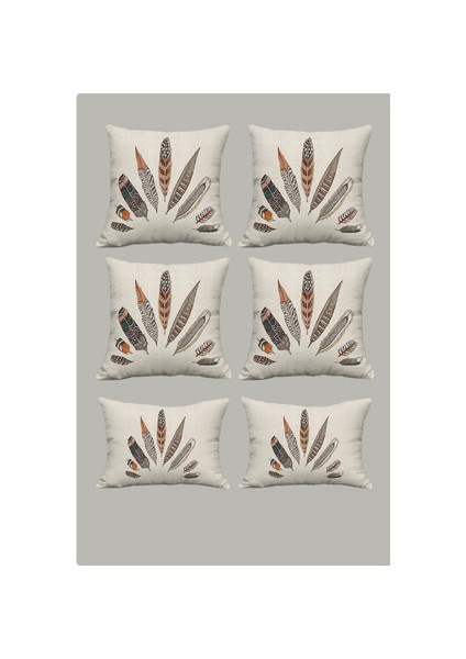 Şans Tüyü Desenli Bej Zemin Dekoratif Hediyelik Kadife 6lı Yastık Kırlent Kılıfı Seti