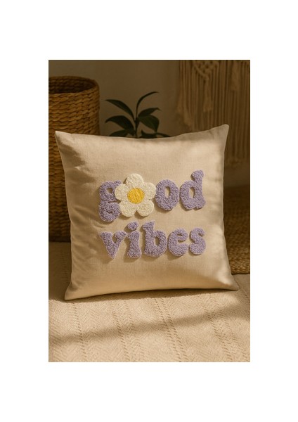 Mor Good Vibes Yazılı Desenli Punch Kırlent Yastık Kılıfı