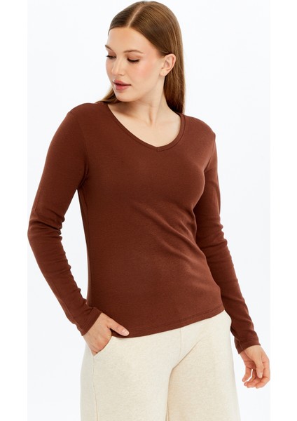 Kadın Uzun Kollu V Yaka Tişört Siyah modelleri