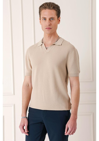 Slim Fit Polo Yaka Kısa Kol %100 Pamuk Bej Triko Tr 868