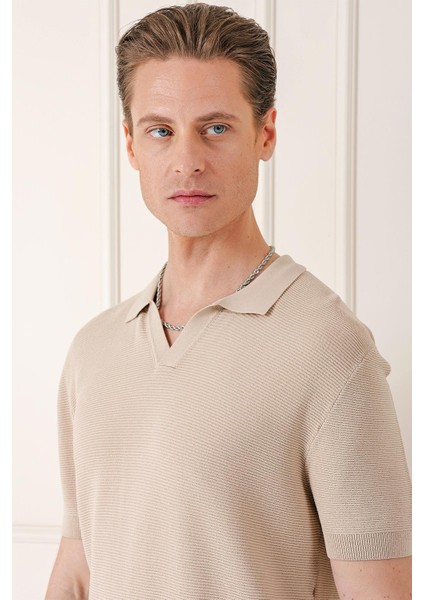 Slim Fit Polo Yaka Kısa Kol %100 Pamuk Bej Triko Tr 868 fırsatları