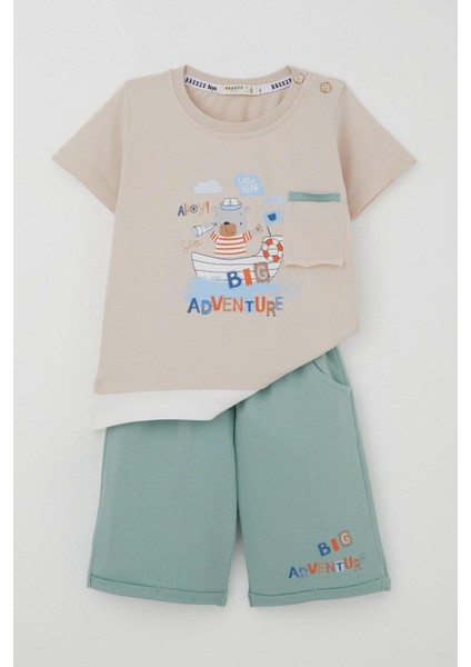 Erkek Bebek Şortlu Takım Sevimli Kaptan Ayıcık Baskılı Cep Detaylı 9 Ay-3 Yaş, Bej