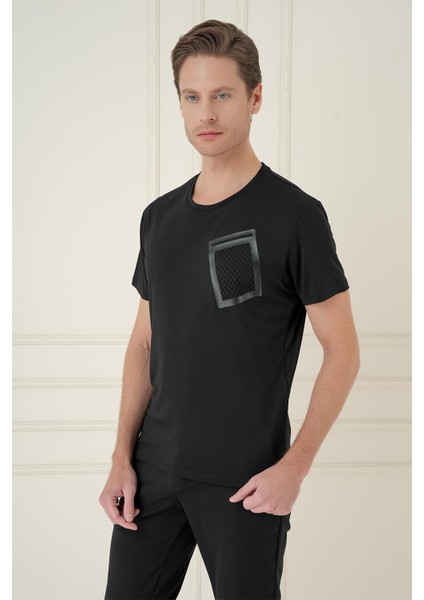 Comfort Fit Bisiklet Yaka Cep Baskılı Casuel Siyah Tişört Ts 897 modelleri