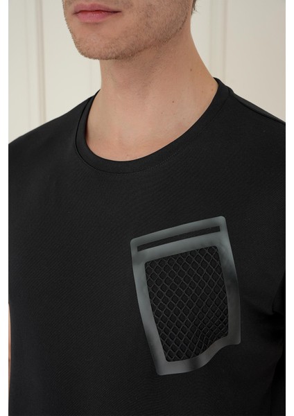 Comfort Fit Bisiklet Yaka Cep Baskılı Casuel Siyah Tişört Ts 897 fırsatları