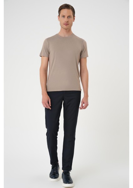Slim Fit Bisiklet Yaka Düz Pamuklu Vizon Tişört Ts 823