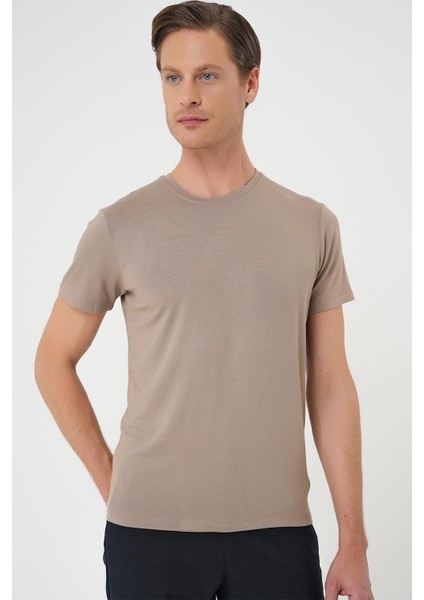 Slim Fit Bisiklet Yaka Düz Pamuklu Vizon Tişört Ts 823 fırsatları