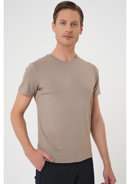 Slim Fit Bisiklet Yaka Düz Pamuklu Vizon Tişört Ts 823 indirimleri