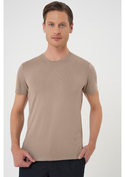 Slim Fit Bisiklet Yaka Düz Pamuklu Vizon Tişört Ts 823 modelleri