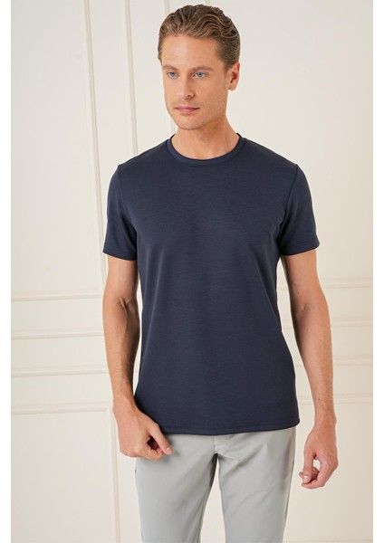 Comfort Fit Bisiklet Yaka Esnek Pamuk Casuel Lacivert Tişört Ts 885 modelleri