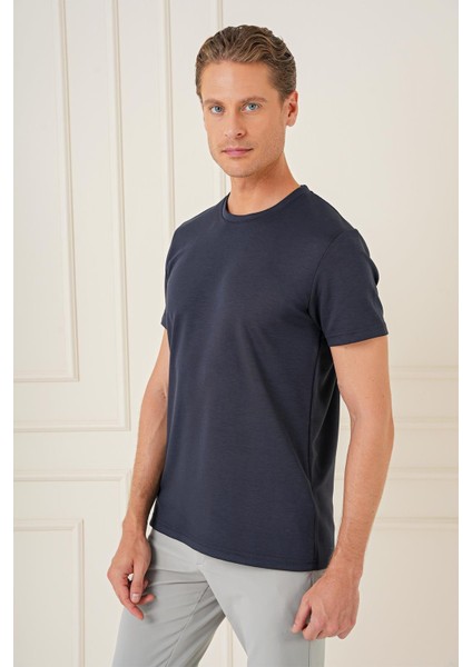 Comfort Fit Bisiklet Yaka Esnek Pamuk Casuel Lacivert Tişört Ts 885 fırsatları