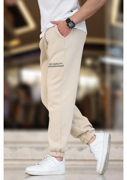 Bej Erkek Paçası Lastikli Baskılı Eşofman Altı 6549