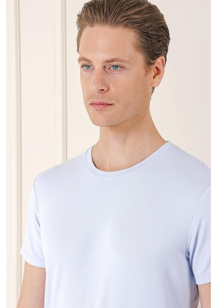 Slim Fit Bisiklet Yaka Düz Pamuklu Buz Mavi Tişört Ts 823 fırsatları