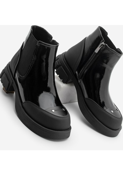 Kadın Lastikli Fermuarlı Kalın Topuklu Postal Bot Pevara Siyah Rugan