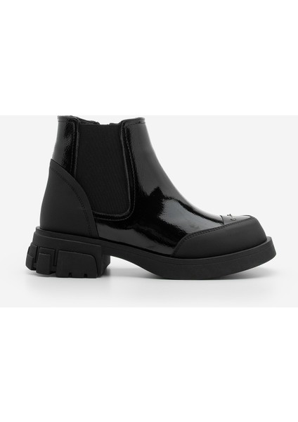 Kadın Lastikli Fermuarlı Kalın Topuklu Postal Bot Pevara Siyah Rugan modelleri